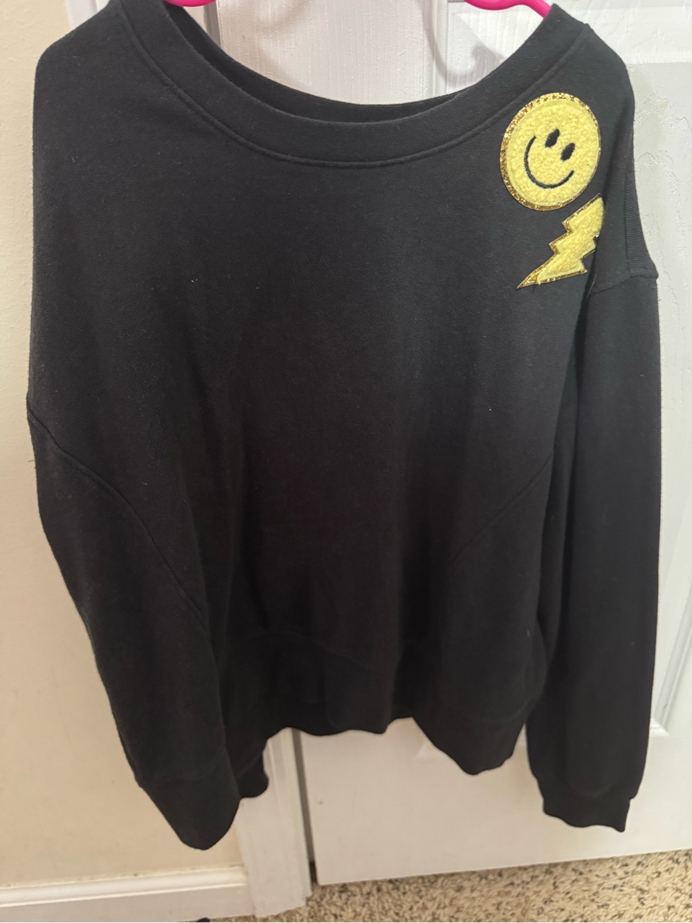 Athletic Works Girls Pullover Sweatshirt L 10-12 Black Smiley Sequin Fleece